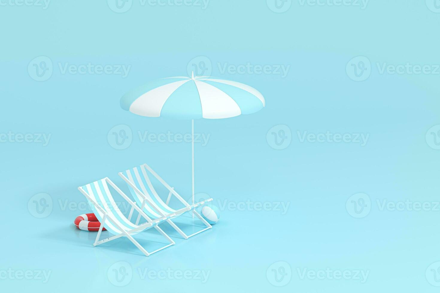 Sunshade, beach chair with blue background, 3d rendering. photo