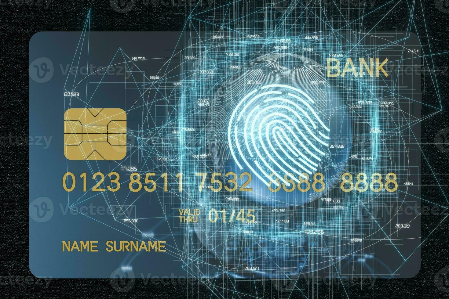 Bank card with fingerprint tech concept glowing lines, 3d rendering photo