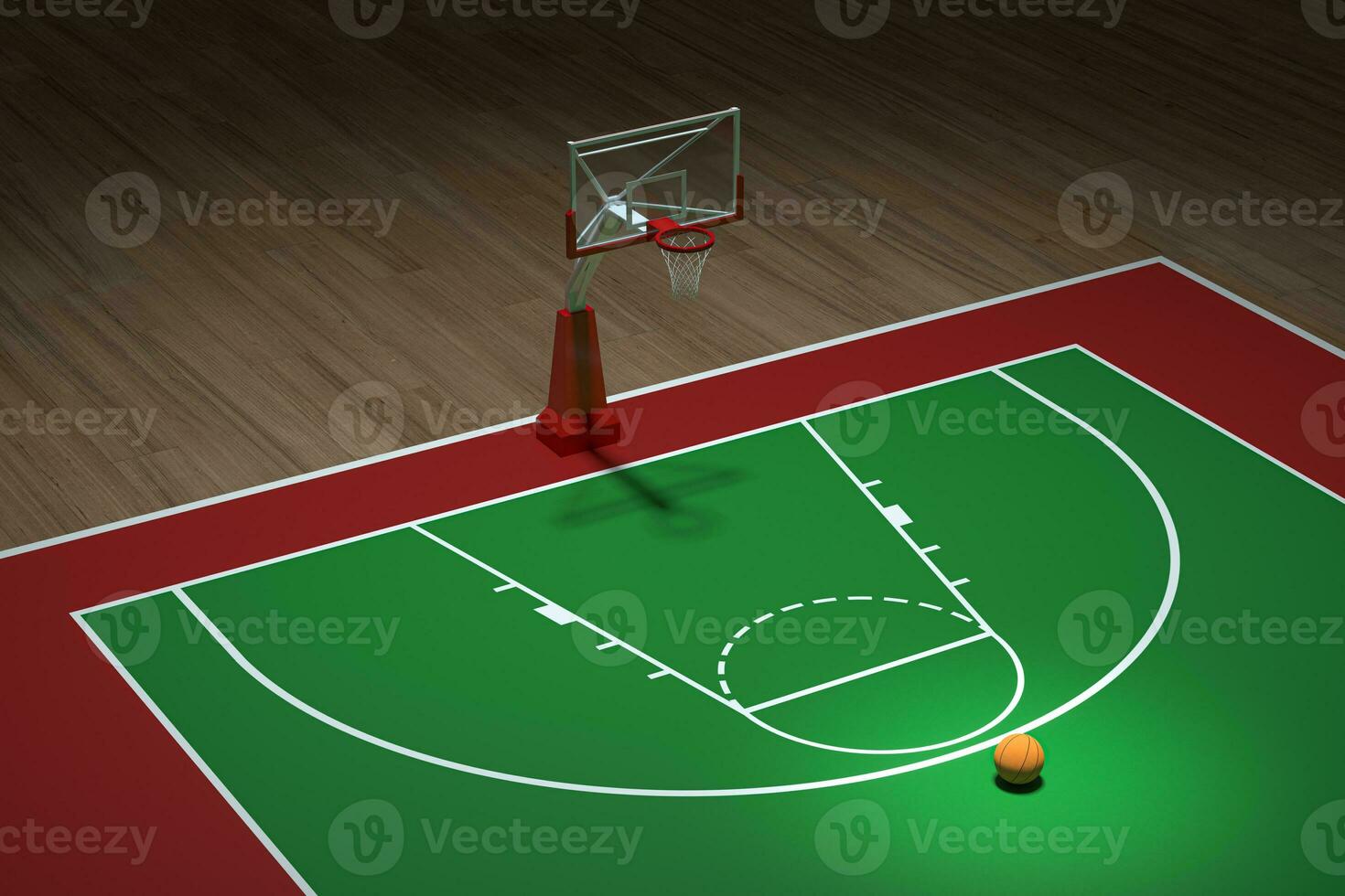 Basketball court with wooden floor, 3d rendering. photo