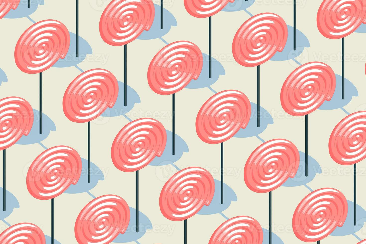 Candy pattern, pink lollipop with pale yellow background, raster illustration. photo