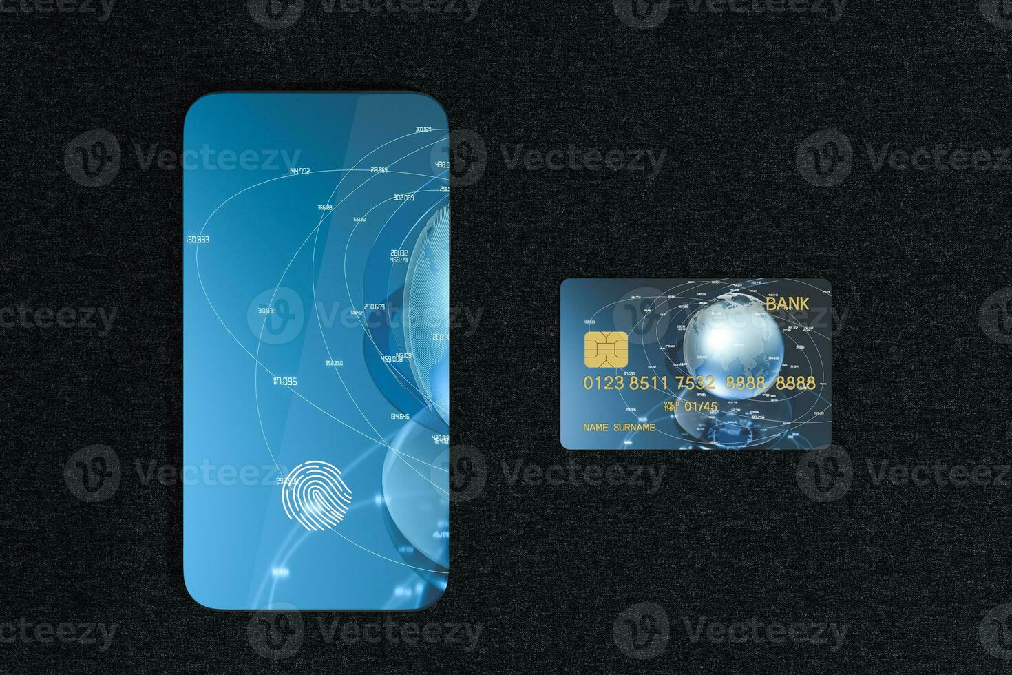 Bank cards and mobile phone with fingerprint identification, 3d rendering photo