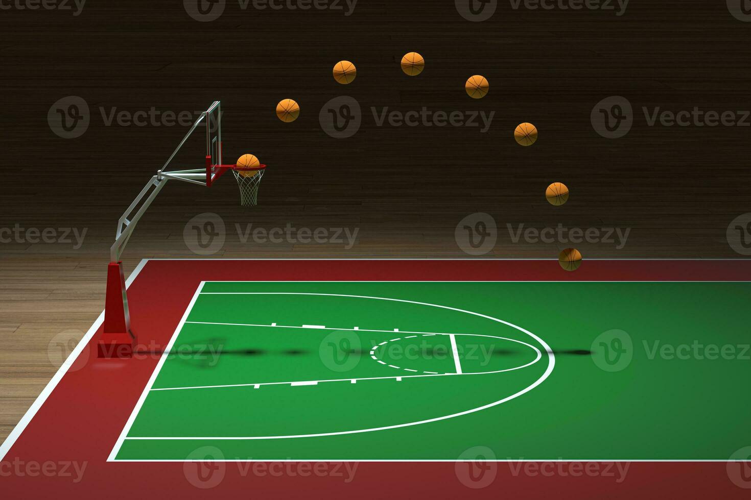 Basketball court with wooden floor, 3d rendering. photo