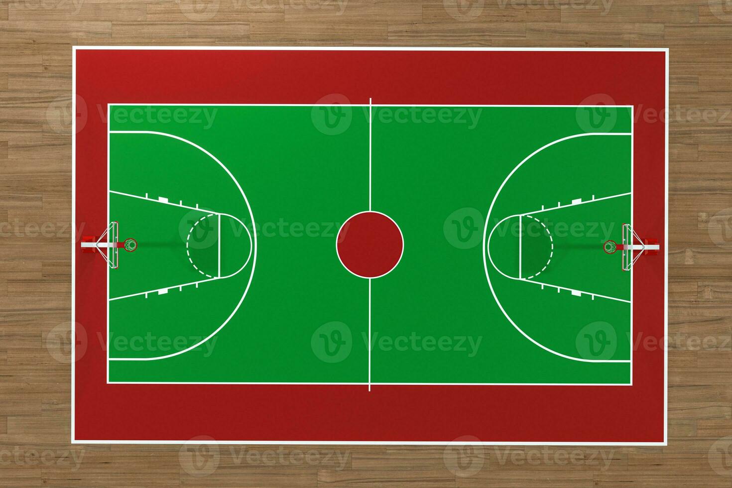 Top view of basketball court with wooden floor, 3d rendering. photo