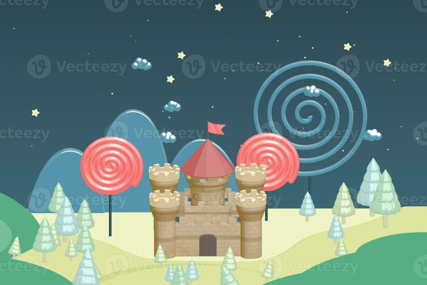 Cartoon castle and candy in the wild, raster illustration. photo