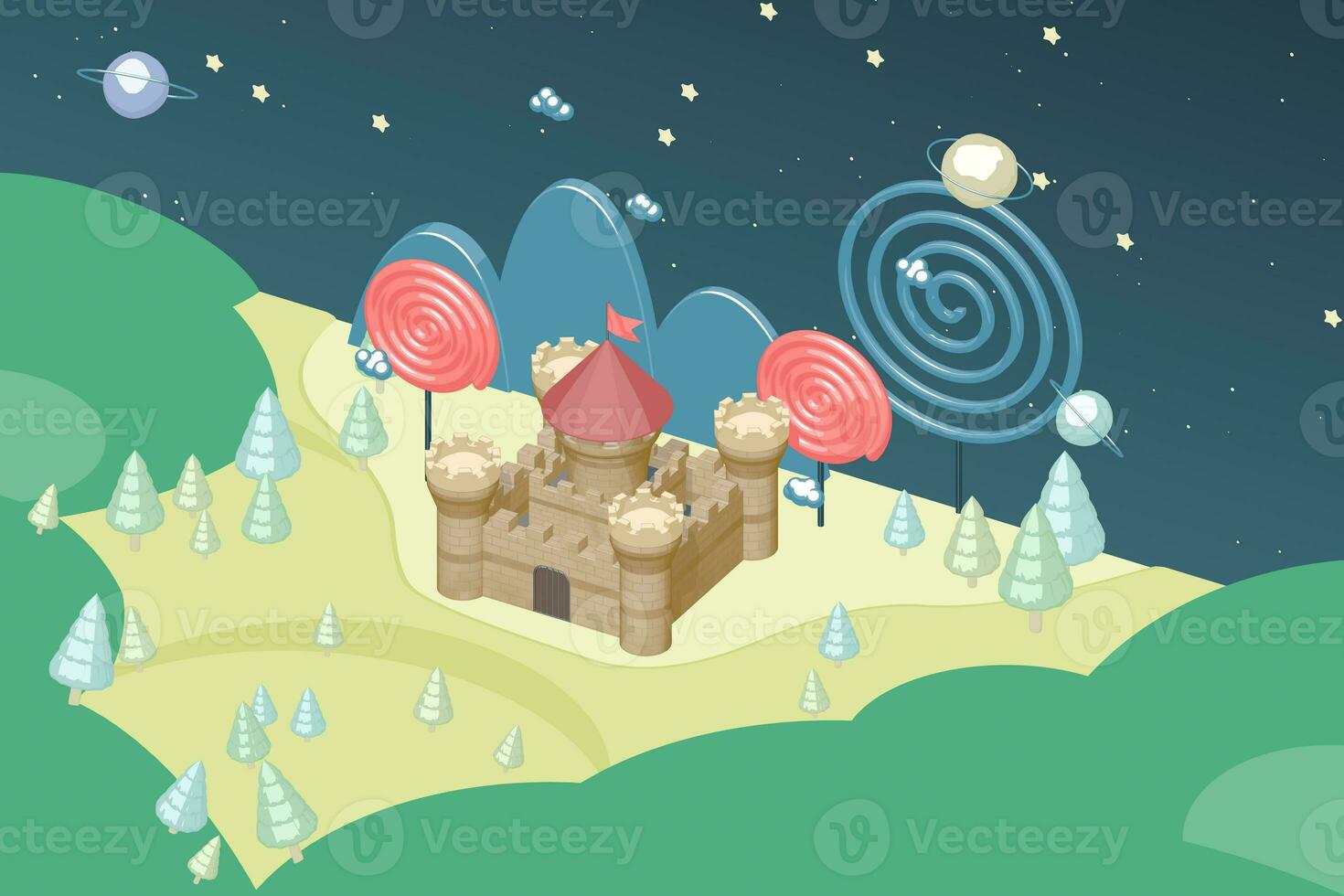 Cartoon castle and candy in the wild, raster illustration. photo