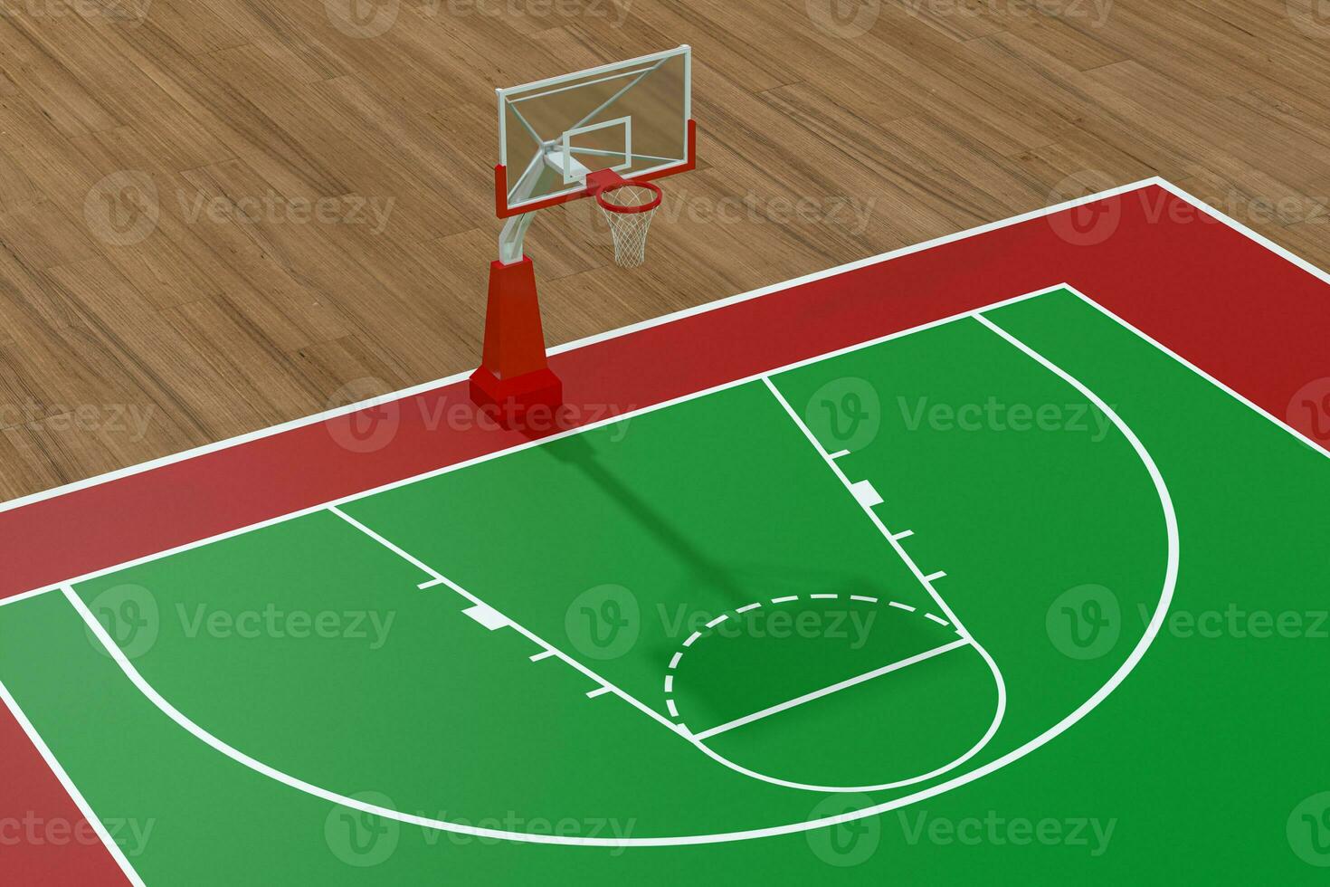 baloncesto Corte con de madera piso, 3d representación. foto