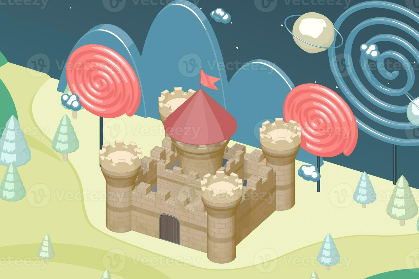 Cartoon castle and candy in the wild, raster illustration. photo