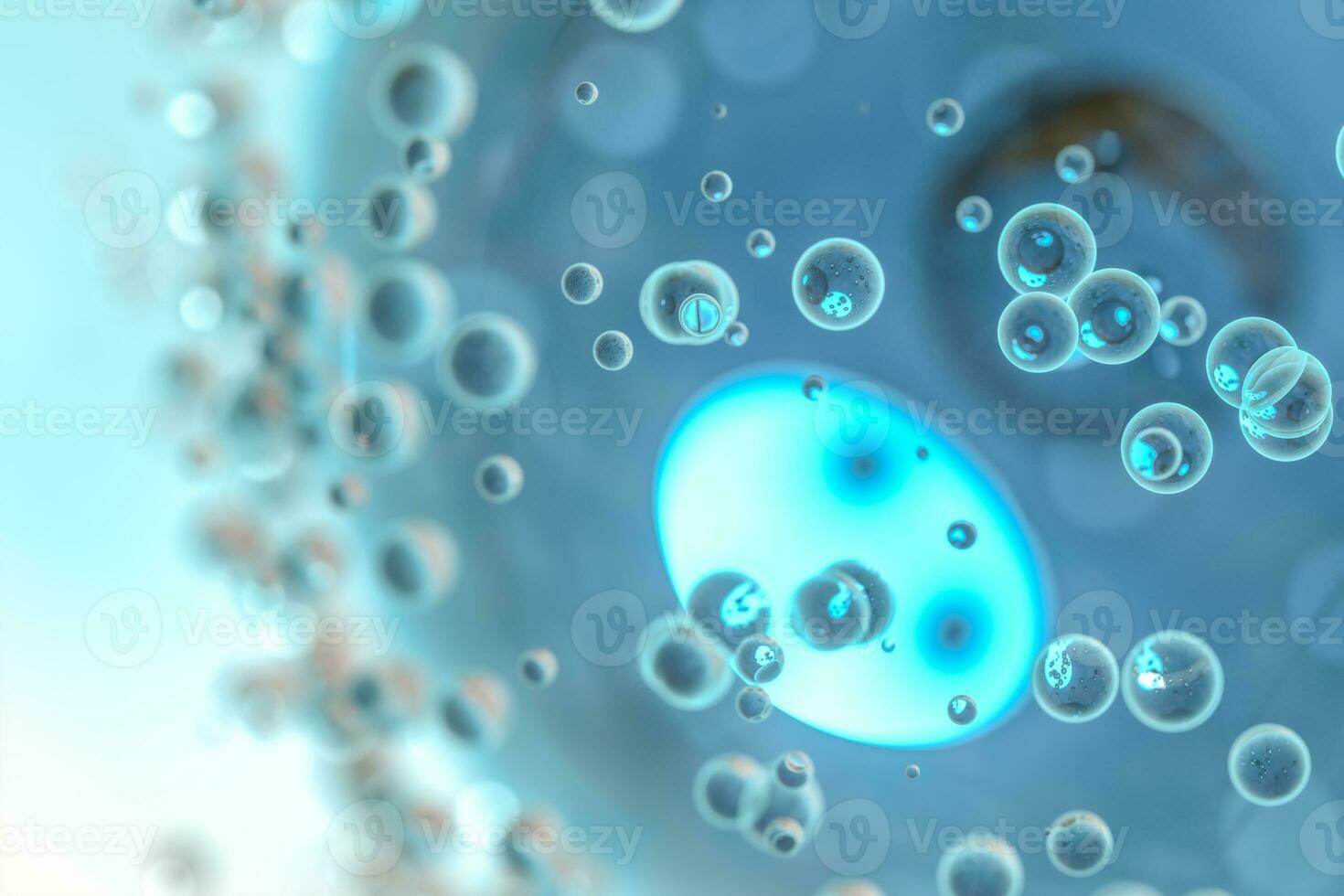 Blue atom spheres with bubbles on the surface, 3d rendering. photo