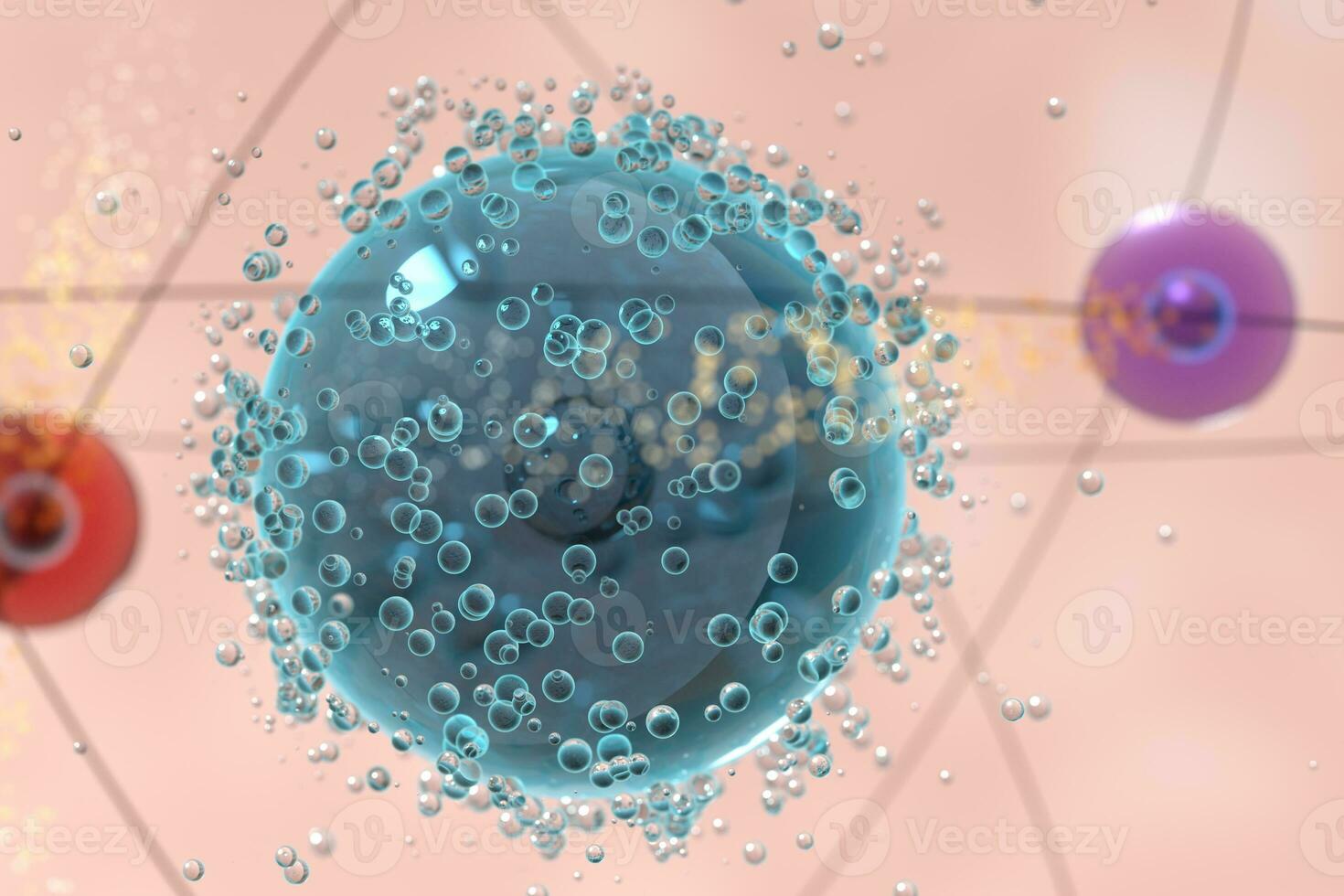 Atom spheres with pink organic background, 3d rendering. photo