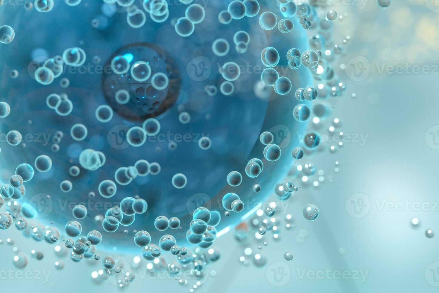 Blue atom spheres with bubbles on the surface, 3d rendering. photo