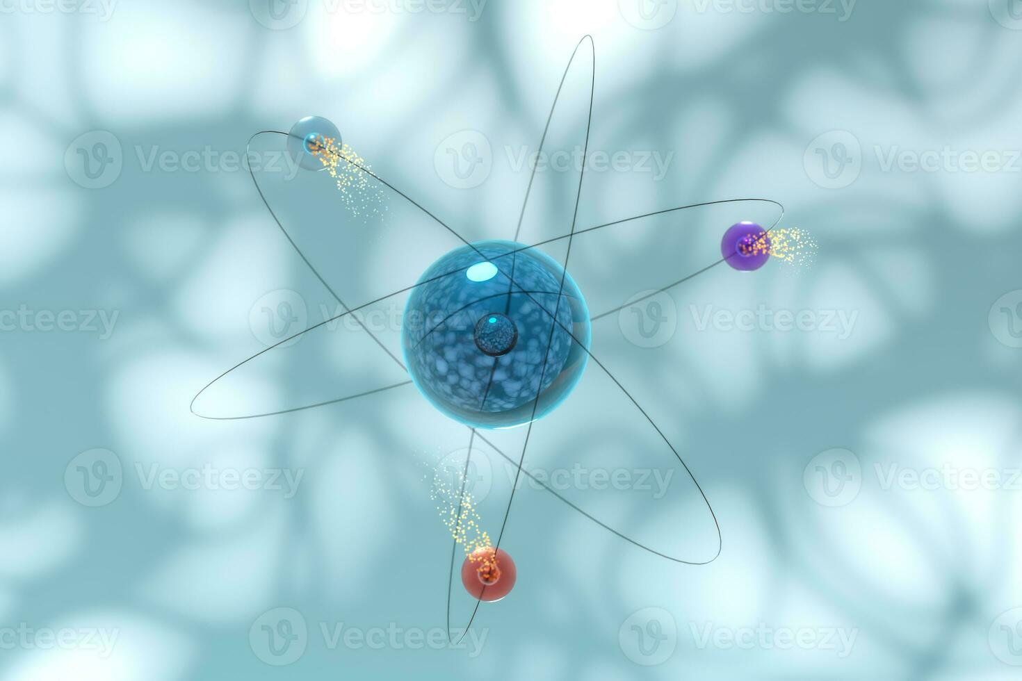 Atom spheres with blue organic background, 3d rendering. photo