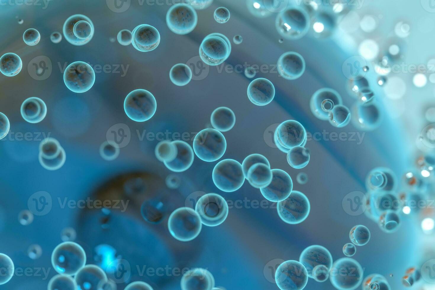 Blue atom spheres with bubbles on the surface, 3d rendering. photo