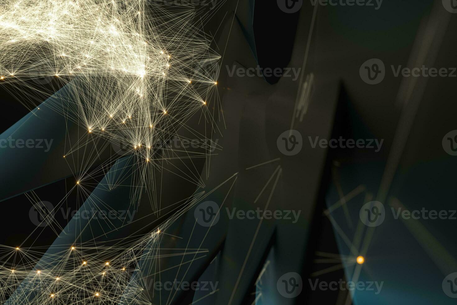 Glowing lines with shiny particles, dark geometry background, 3d rendering. photo