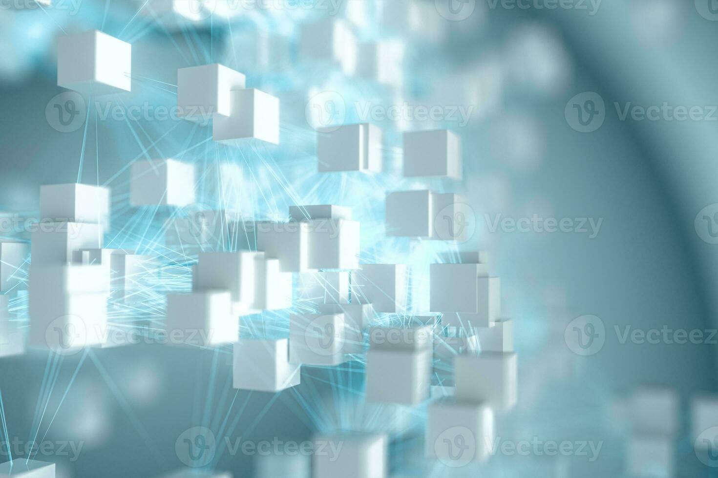 Abstract white cubes with blue glowing lines, 3d rendering. photo