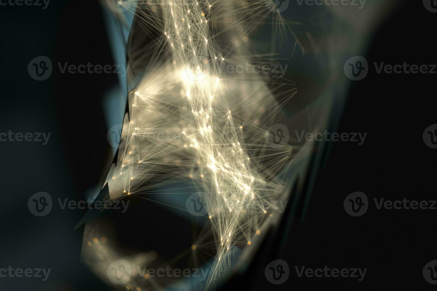 Glowing lines with shiny particles, dark geometry background, 3d rendering. photo