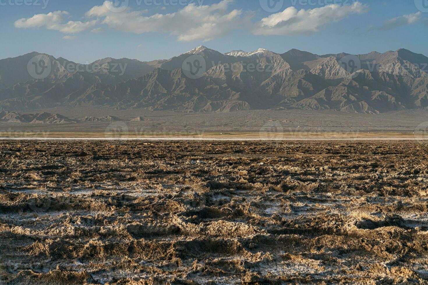 The dry land, the soil by the salt lake in Qinghai, China. photo