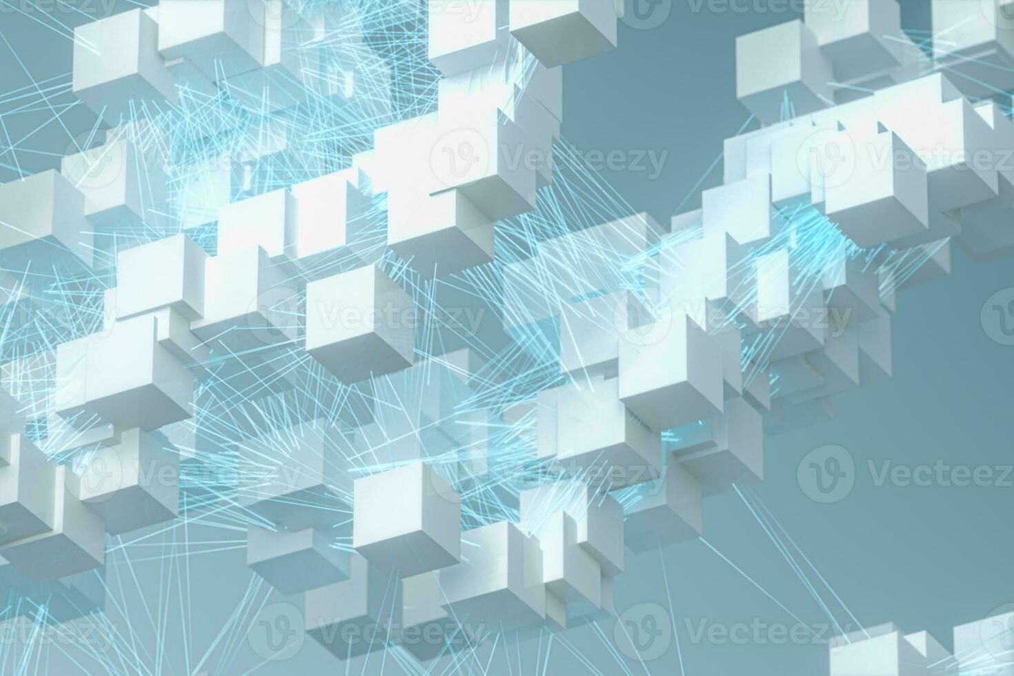 Abstract white cubes with blue glowing lines, 3d rendering. photo