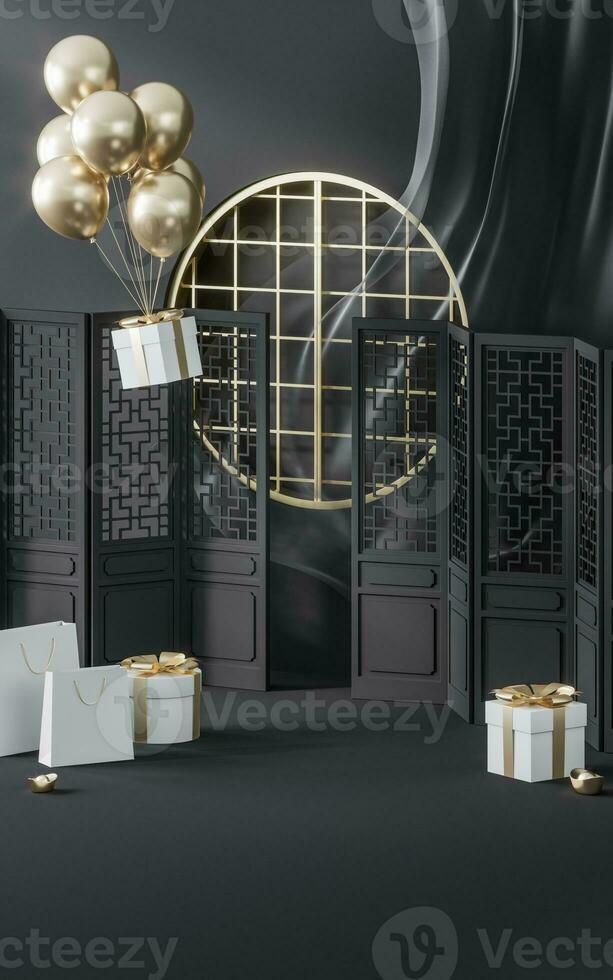 Presents and shopping bags with Chinese style room, 3d rendering. photo