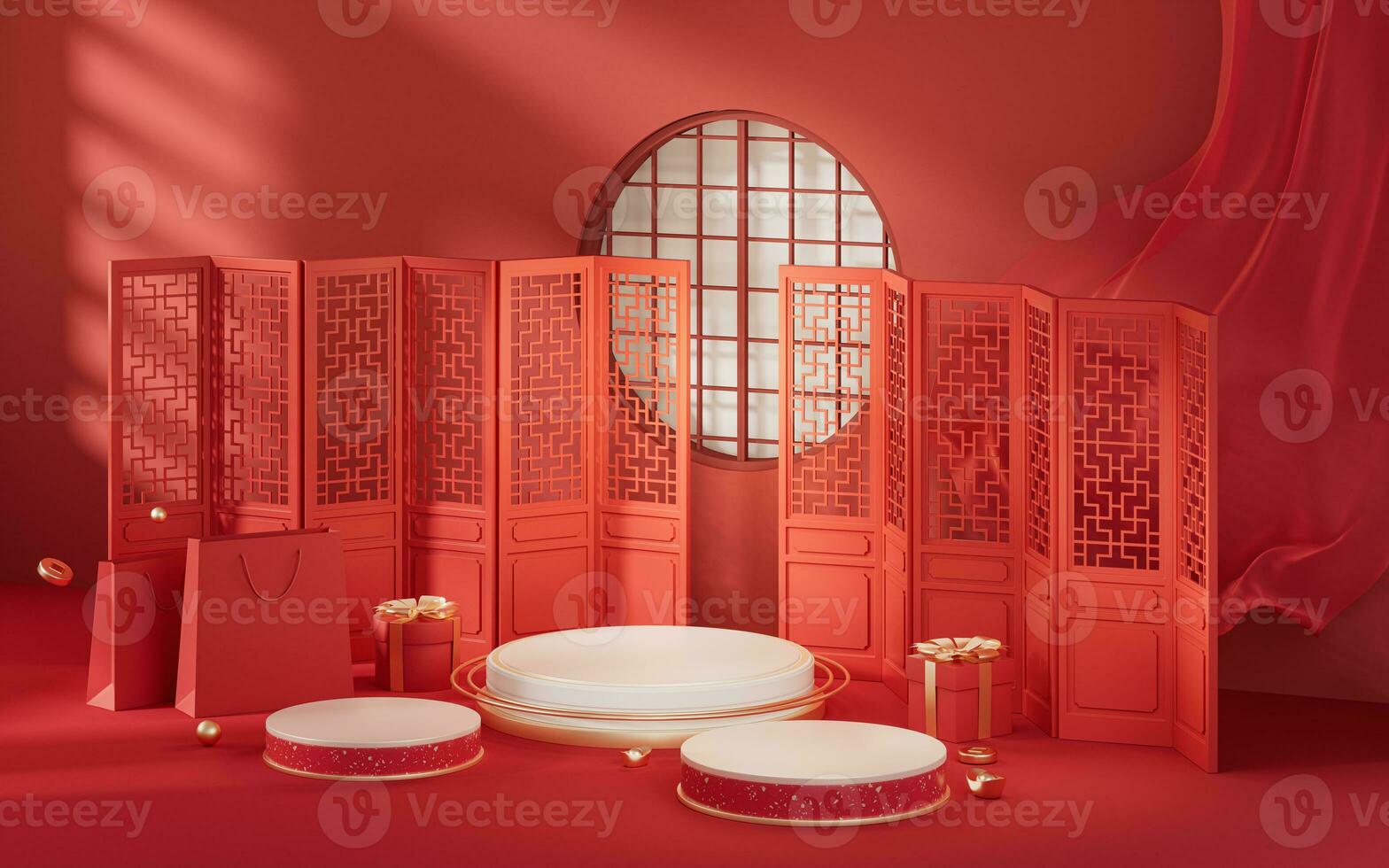 Empty stage with red Chinese style background, 3d rendering. photo