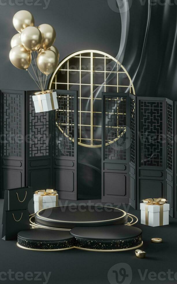 Empty stage with black Chinese style background, 3d rendering. photo