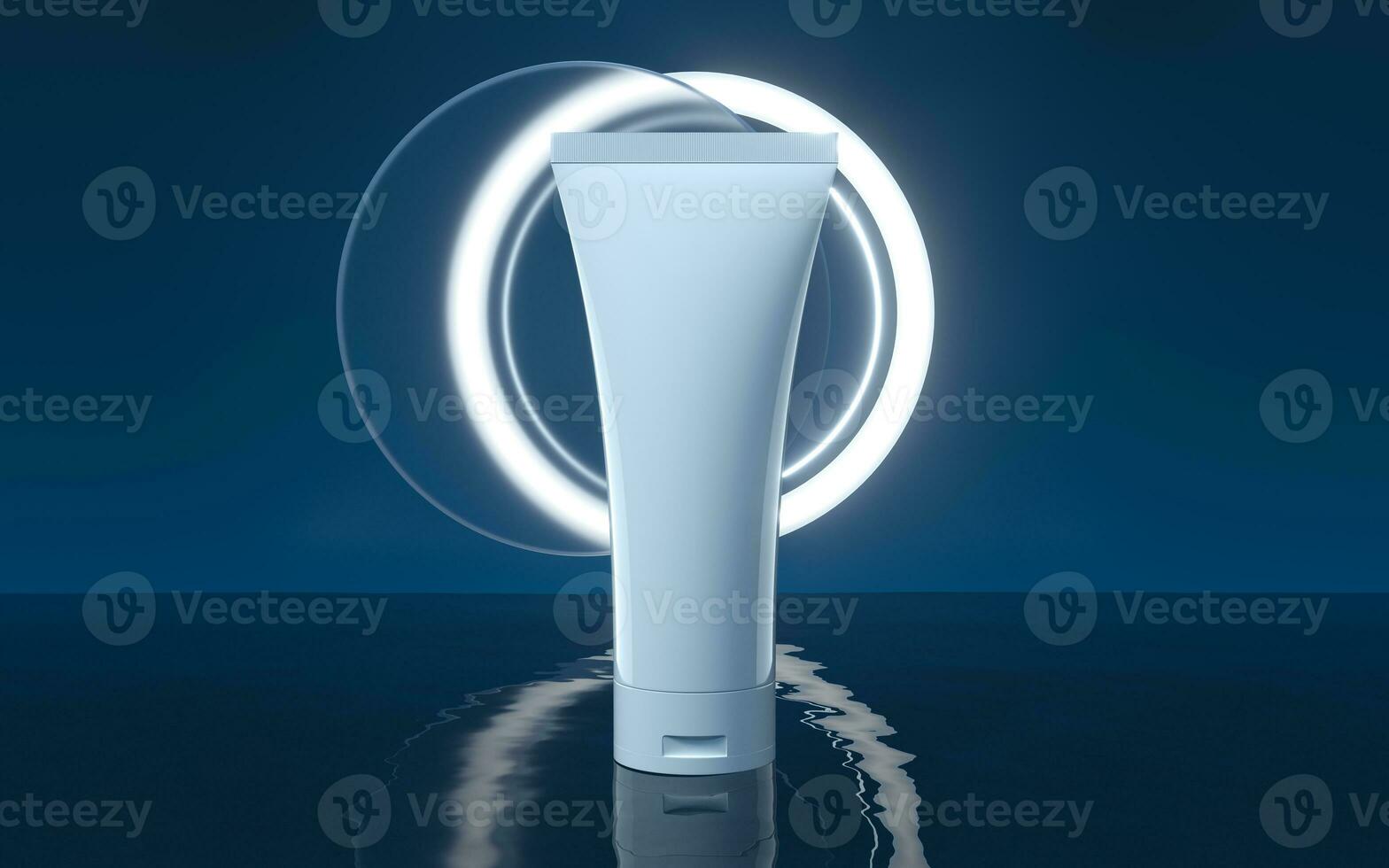 Cosmetic bottle on the water surface, 3d rendering. photo