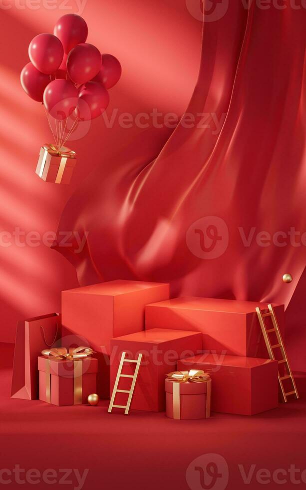 Empty stage with red Chinese style background, 3d rendering. photo