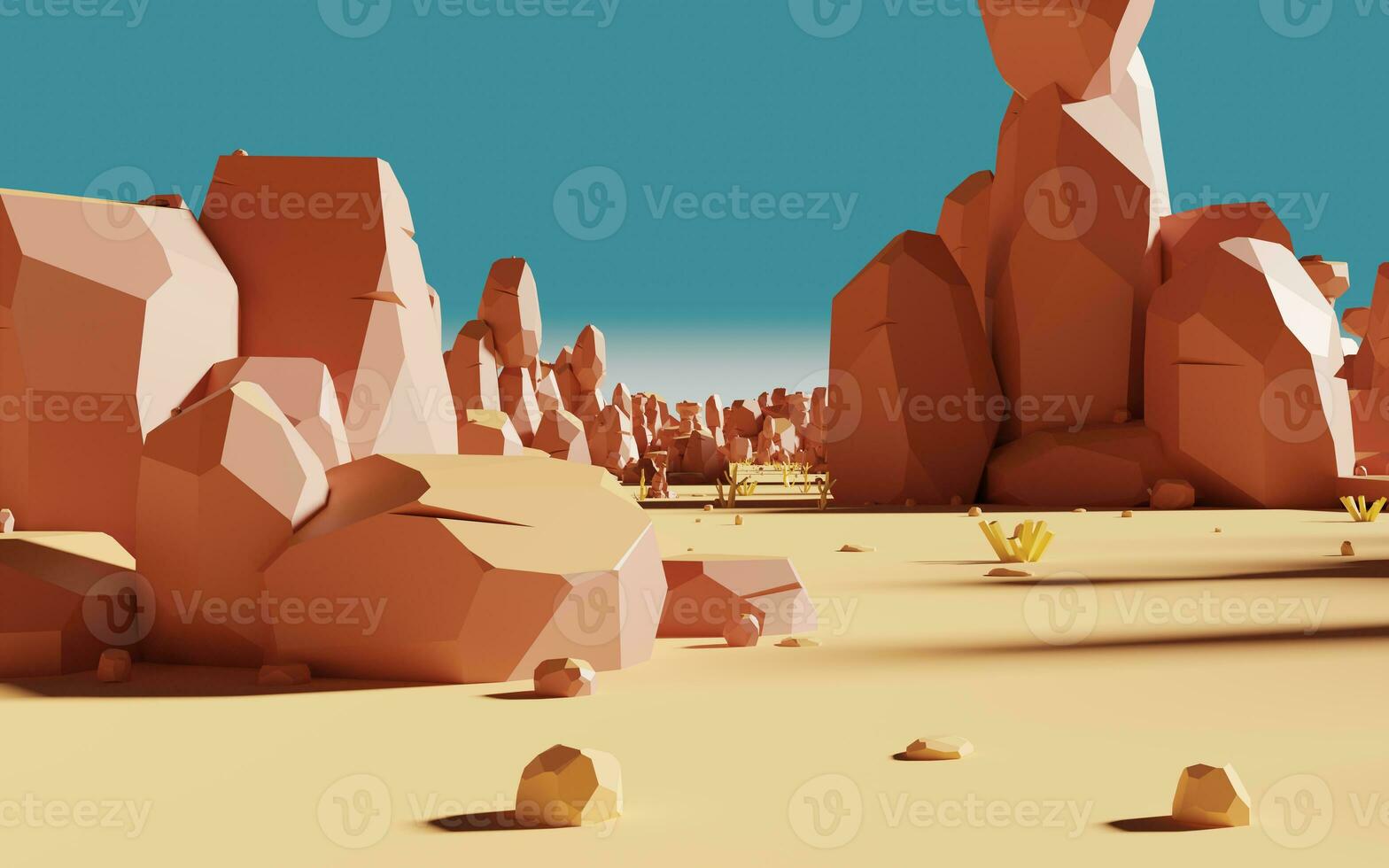 dibujos animados rocas con arena desierto, 3d representación. foto