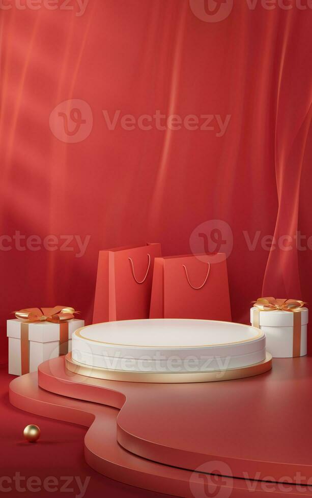 Empty stage with red Chinese style background, 3d rendering. photo
