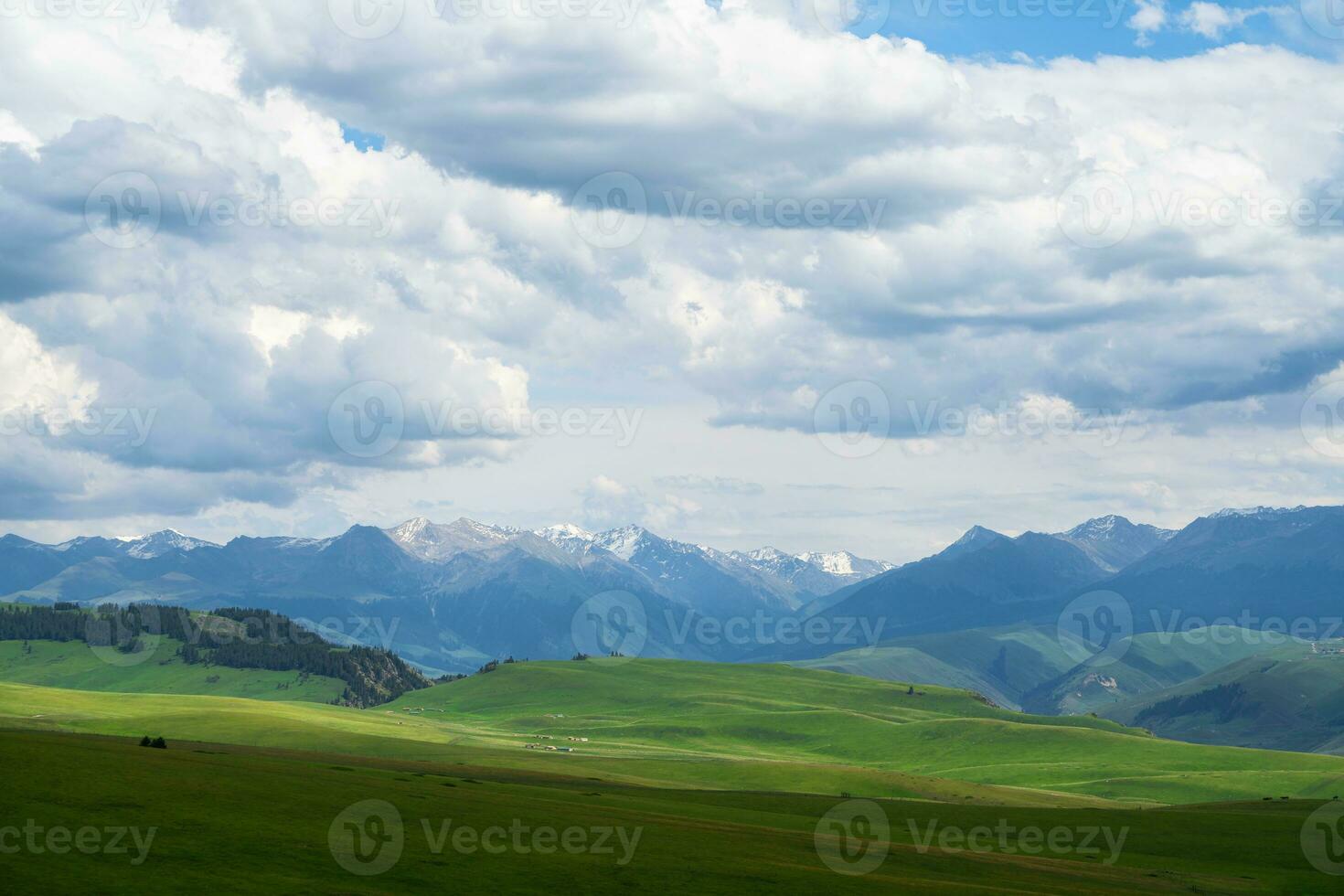 pradera y montañas en un nublado día. foto en kalajun pradera en Xinjiang, porcelana.