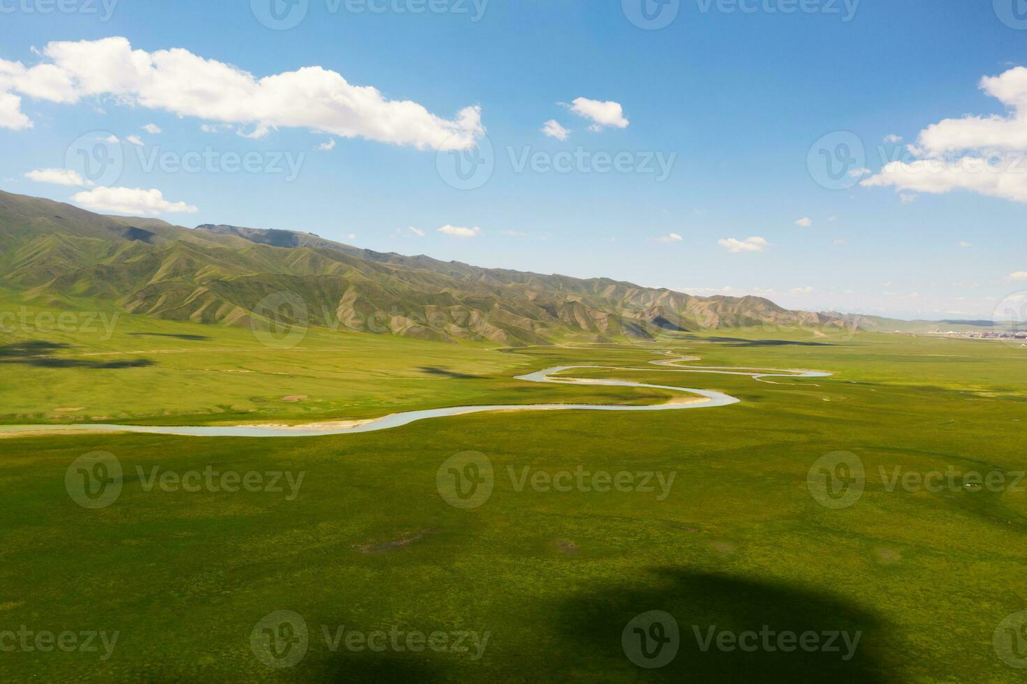 Winding rivers and meadows. Photo in Bayinbuluke Grassland in Xinjiang, China.