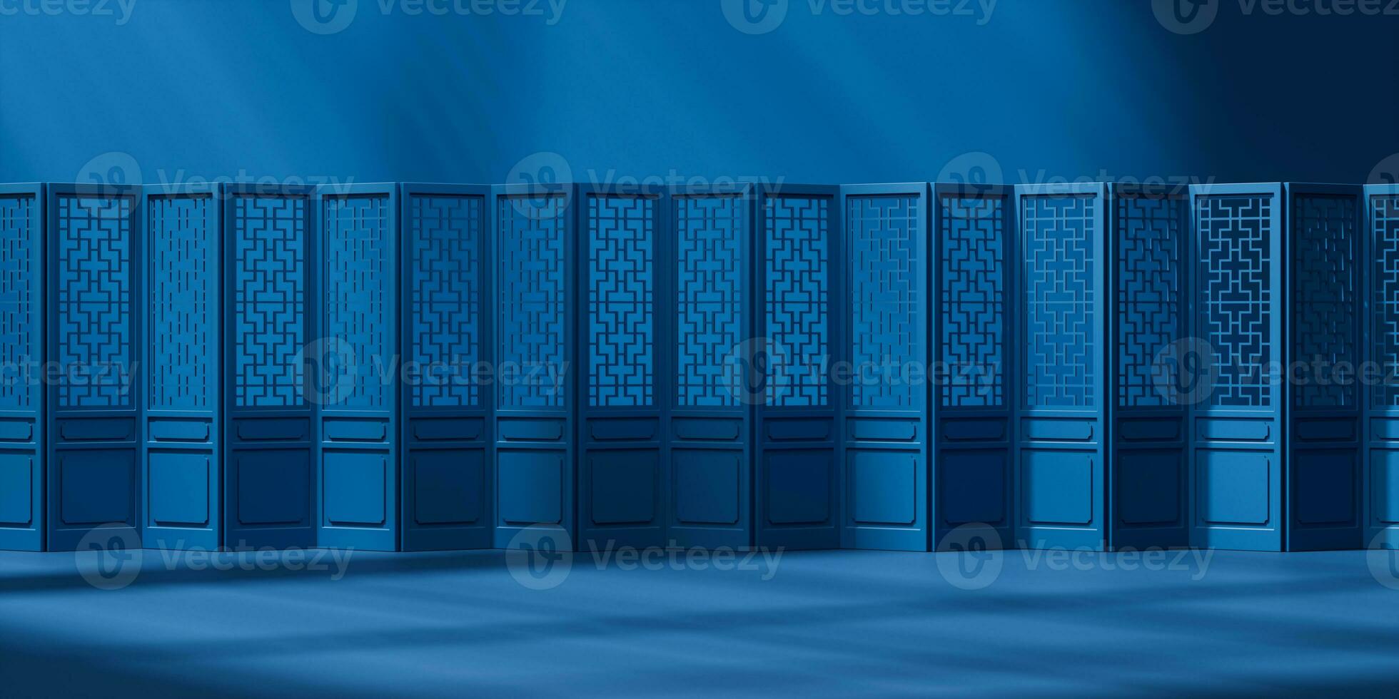 Chinese screen with blue background, 3d rendering. photo