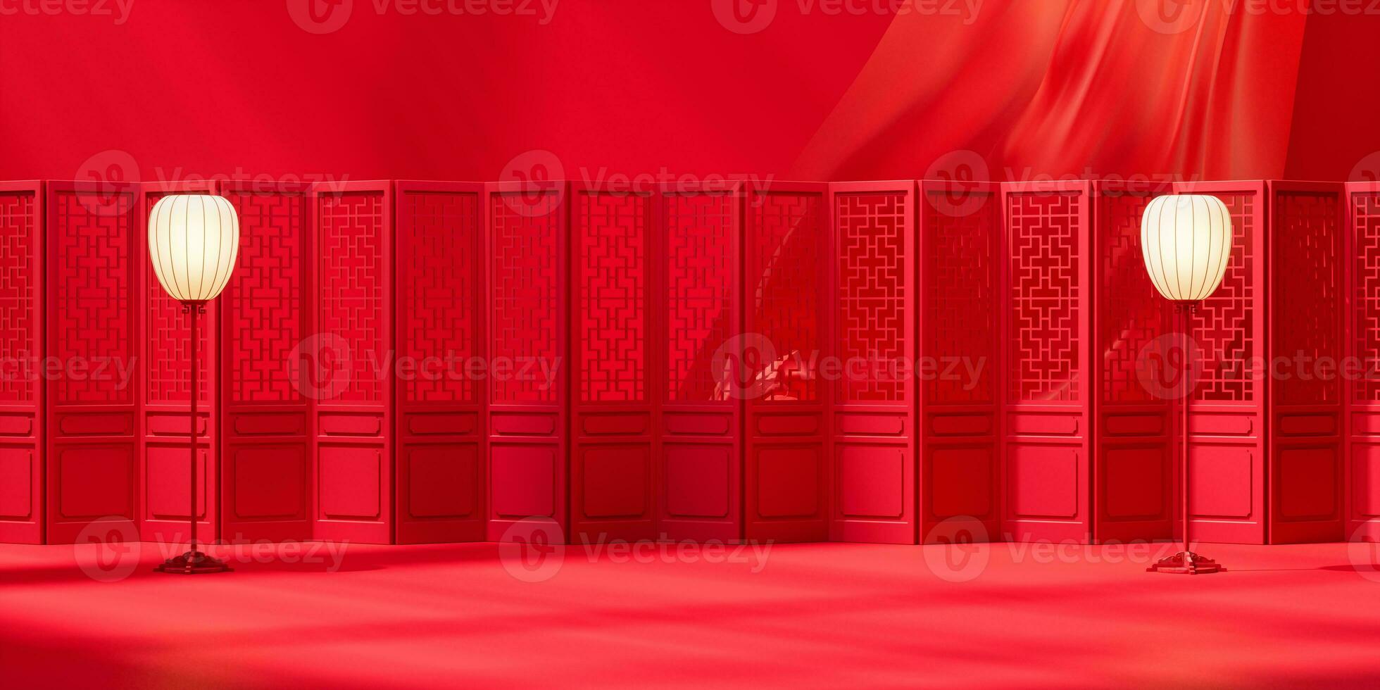 Chinese screen and lamp with red background, 3d rendering. photo