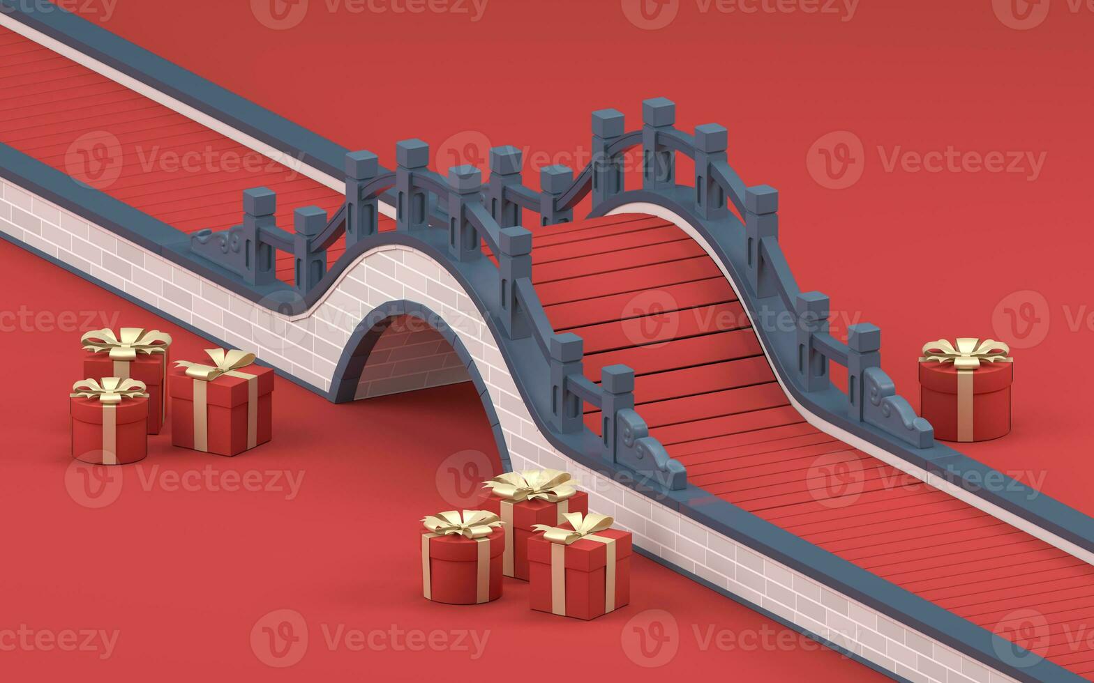 Chinese style bridge with red background, 3d rendering photo