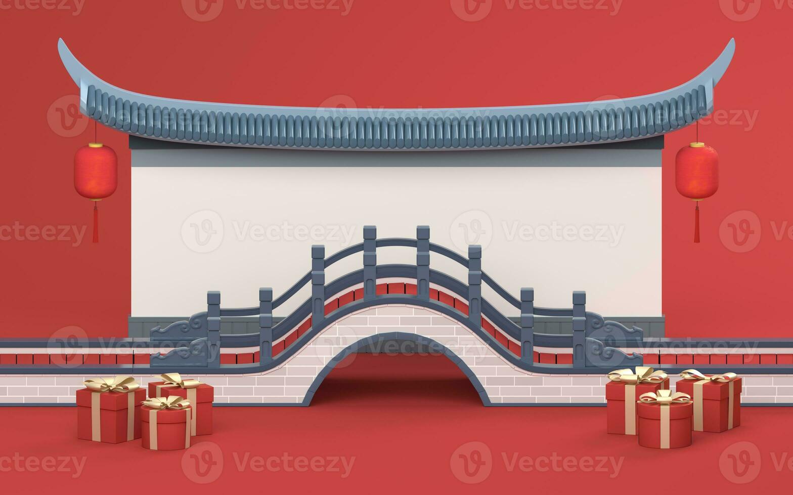 Chinese style bridge with red background, 3d rendering photo