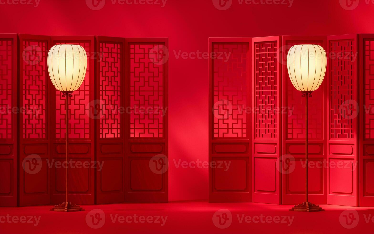 Chinese screen and lamp with red background, 3d rendering. photo