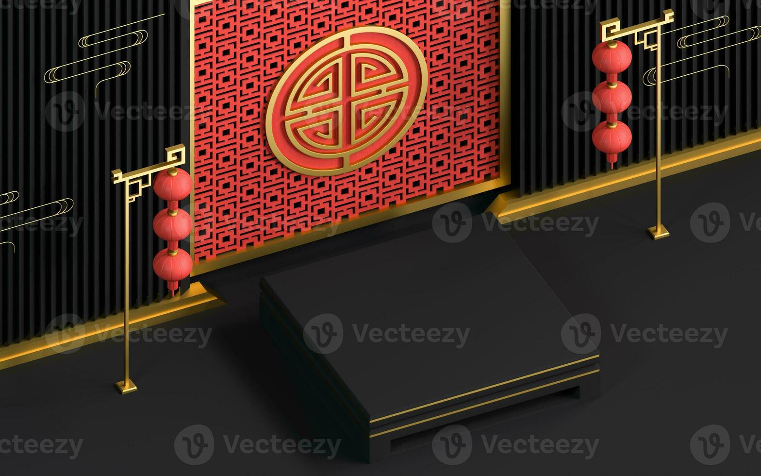Chinese style end table and decorative background, 3d rendering. photo