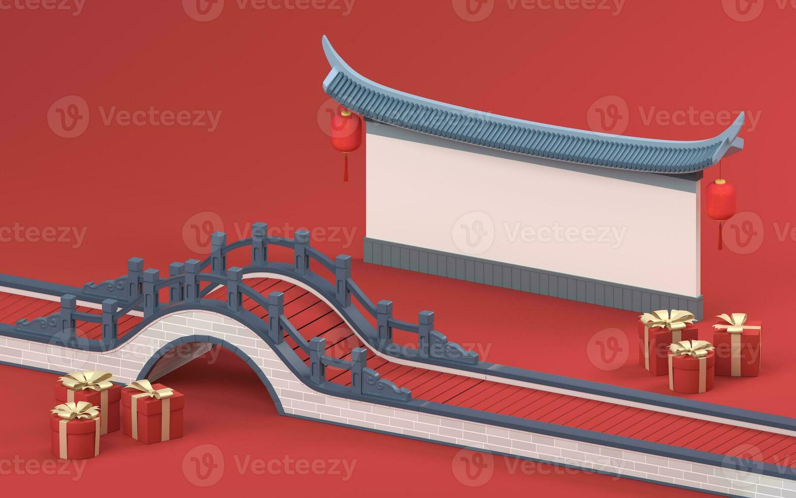Chinese style bridge with red background, 3d rendering photo