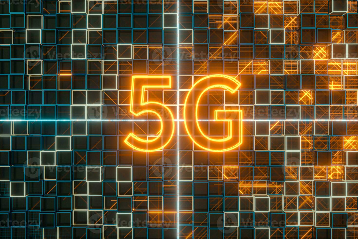 Font 5G with sci-fi square background, 3d rendering. photo