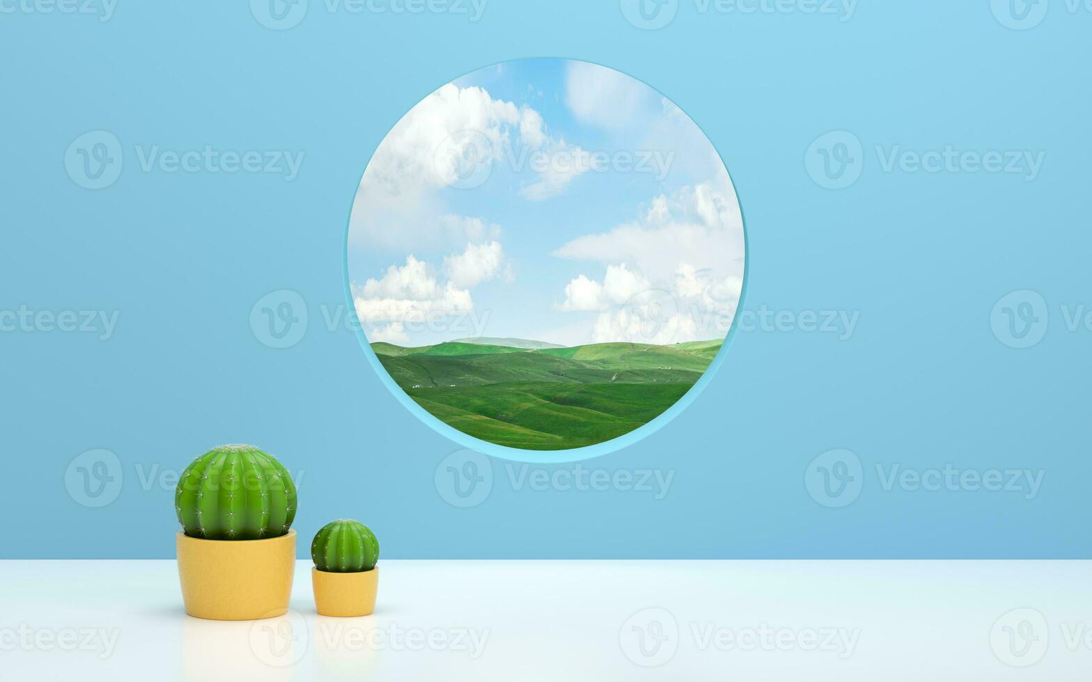 The cactus inside and the prairie outside, 3d rendering. photo