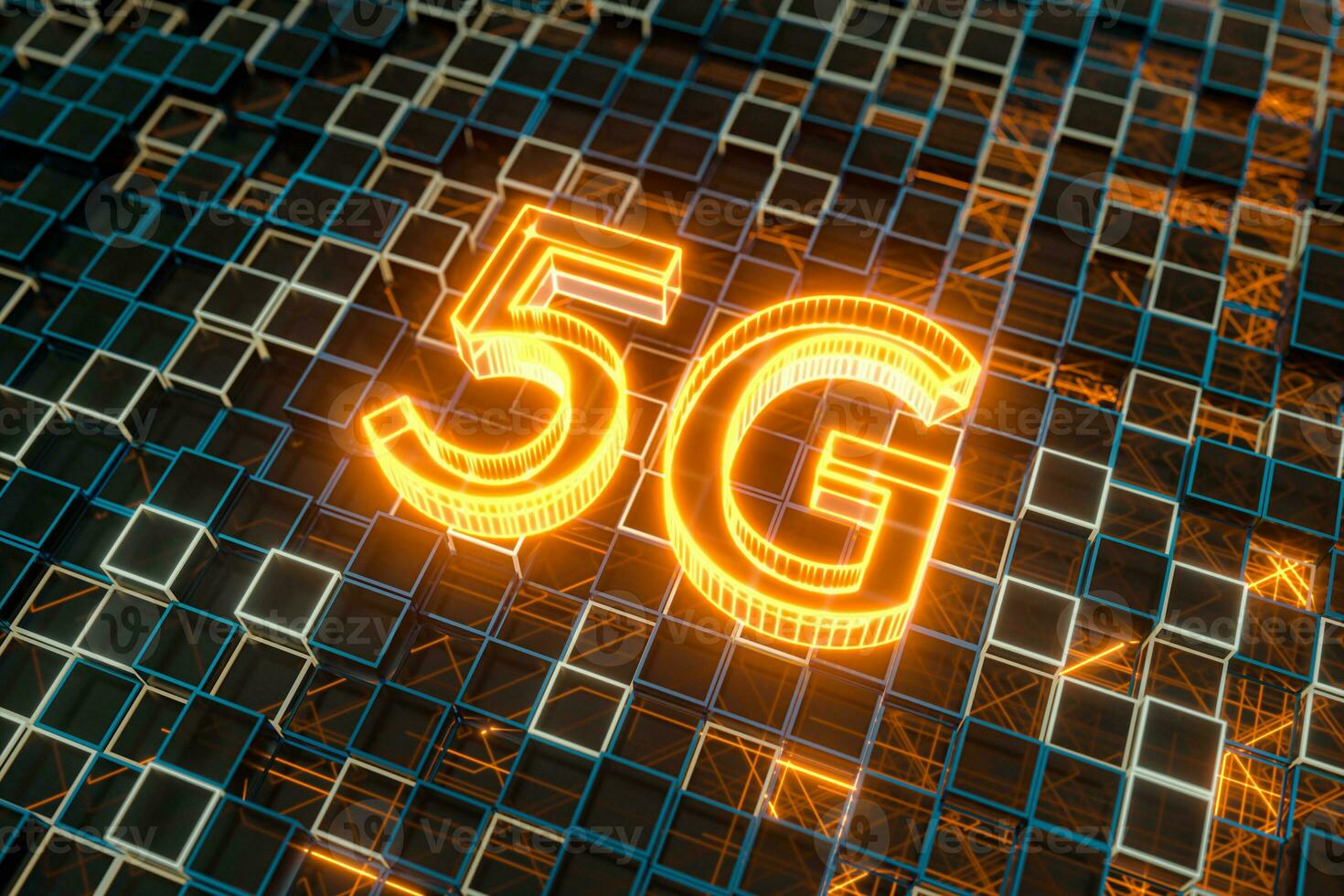 Font 5G with sci-fi square background, 3d rendering. photo