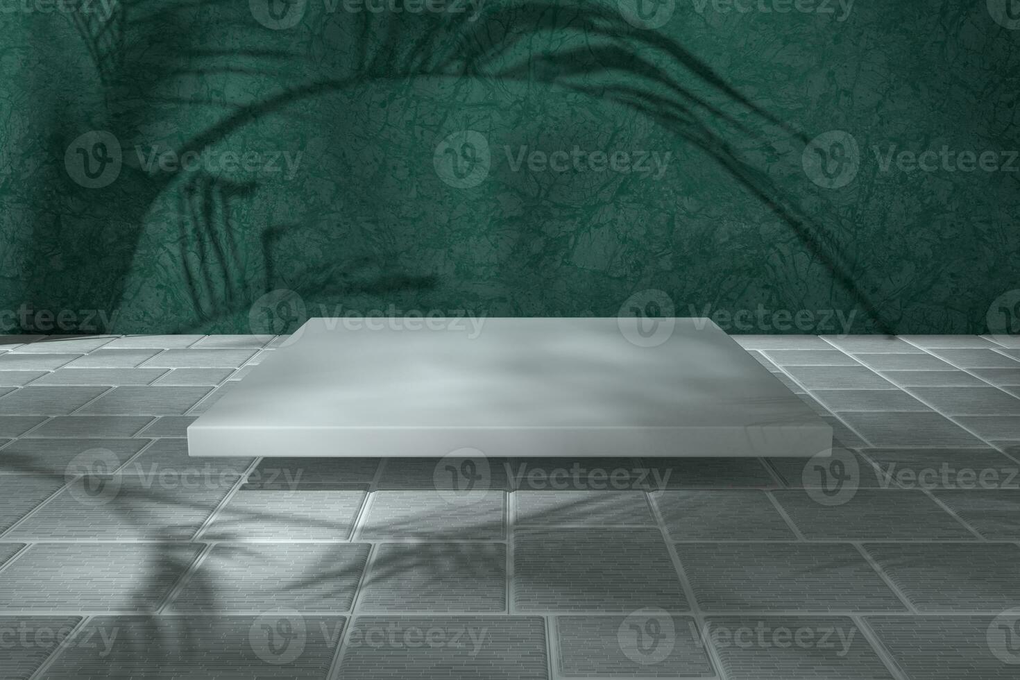 Cube platform with plant shadows on the green wall, 3d rendering. photo