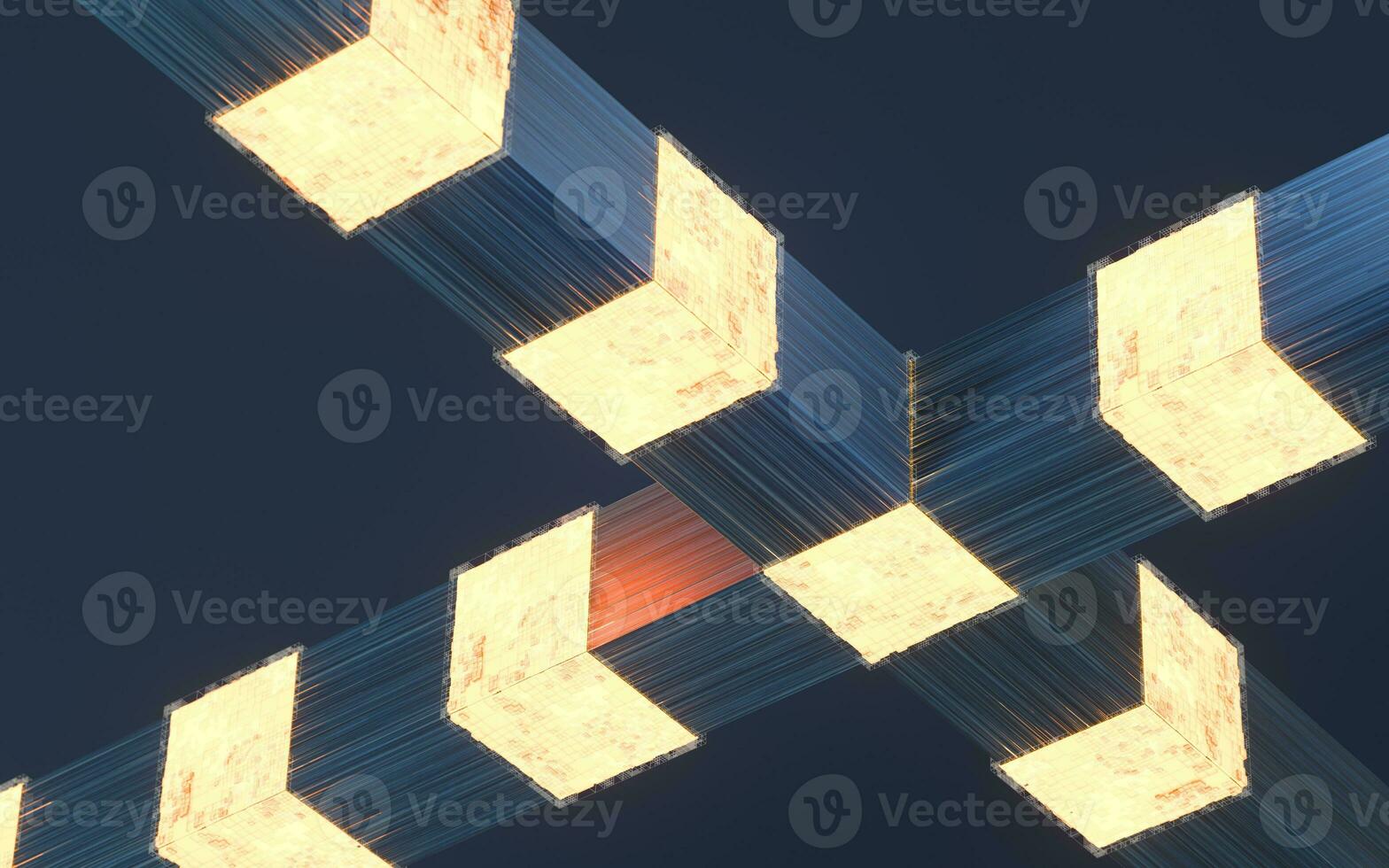 Glowing cubes and fiber lines, 3d rendering. photo