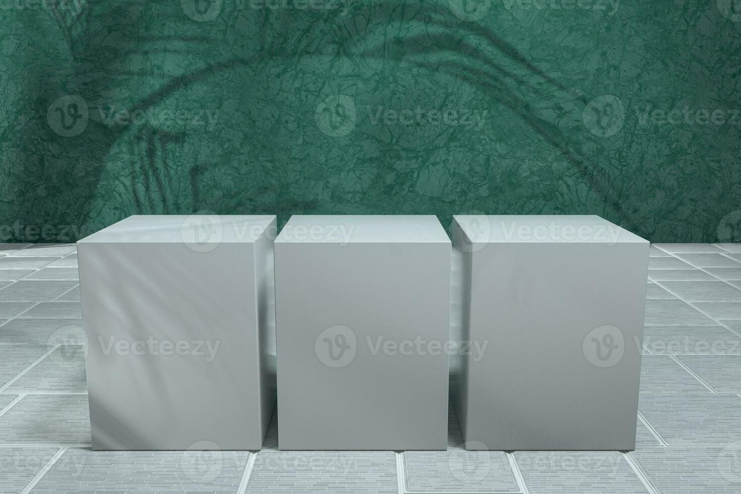 Cube platform with plant shadows on the green wall, 3d rendering. photo