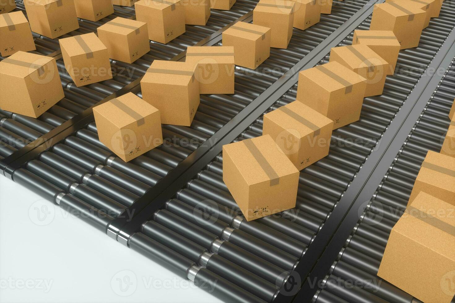 Transportation of the container box on the conveyer belt, 3d rendering photo