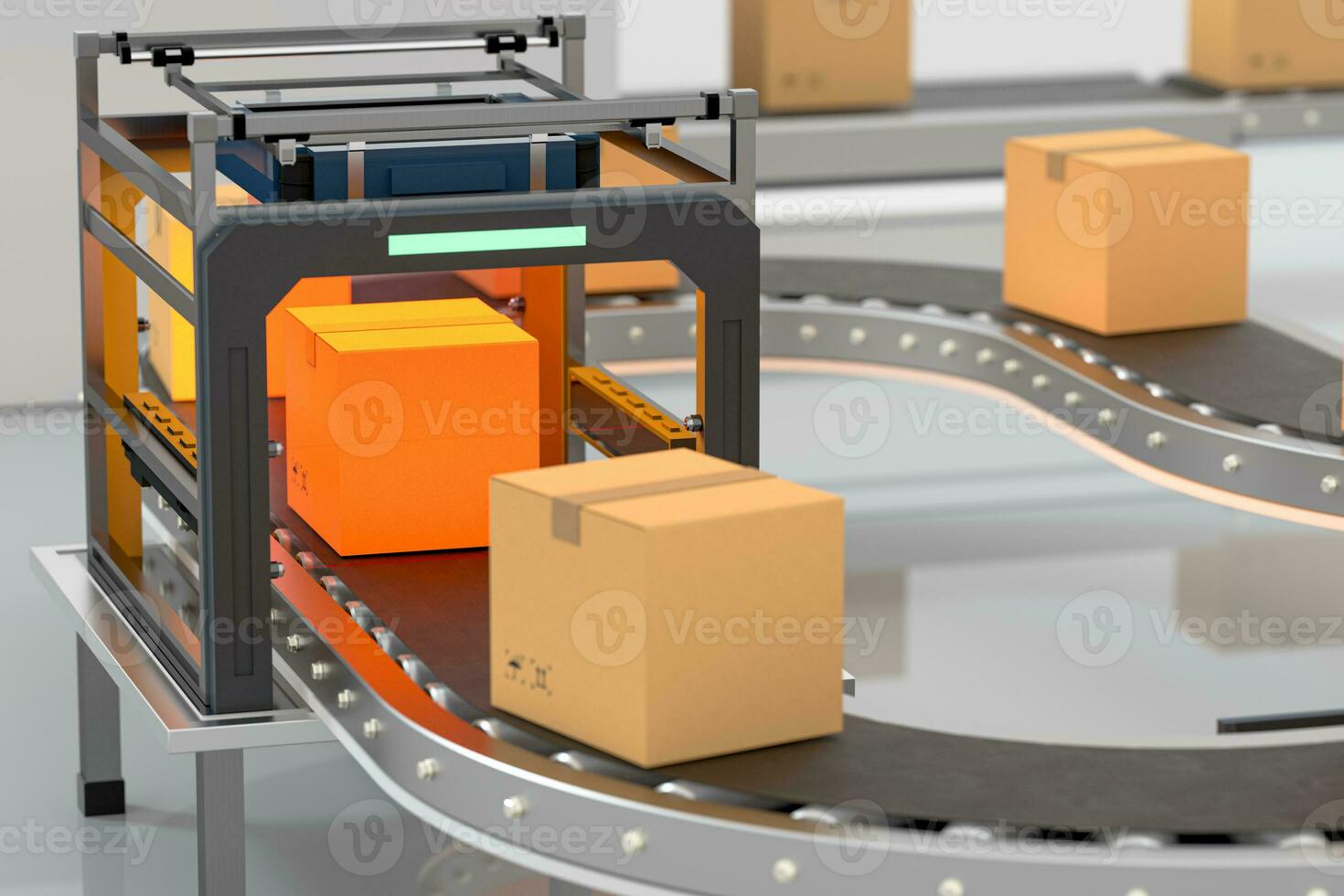 Transmitting of packaging box on the conveyor belt, 3d rendering. photo