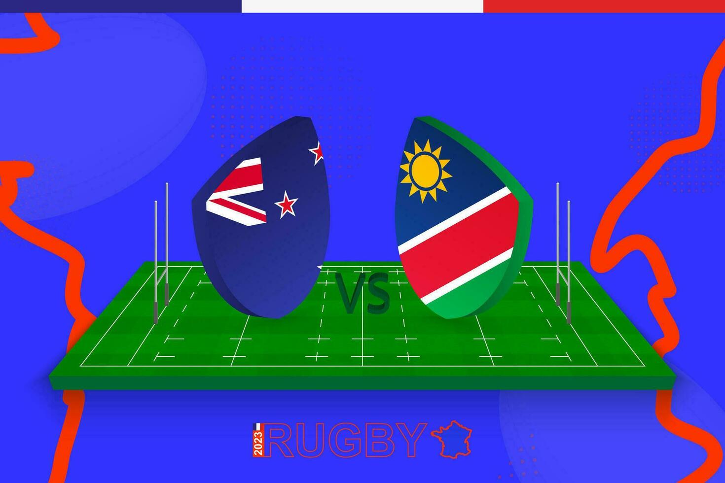 Rugby team New Zealand vs Namibia on rugby field. Rugby stadium on abstract background for international championship. vector