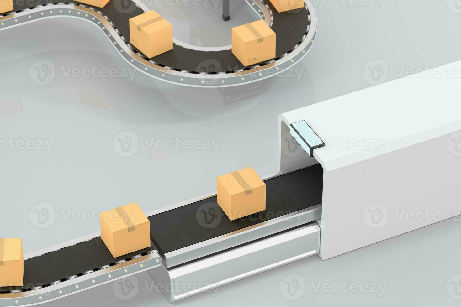 transmitiendo de embalaje caja en el transportador cinturón, 3d representación. foto