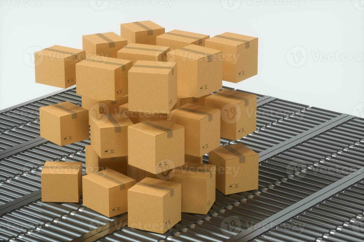 Transportation of the container box on the conveyer belt, 3d rendering photo