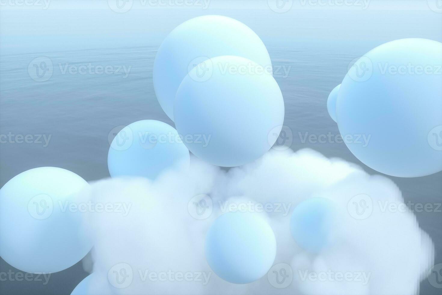 Balls and clouds floating on the lake,peaceful scene,3d rendering. photo