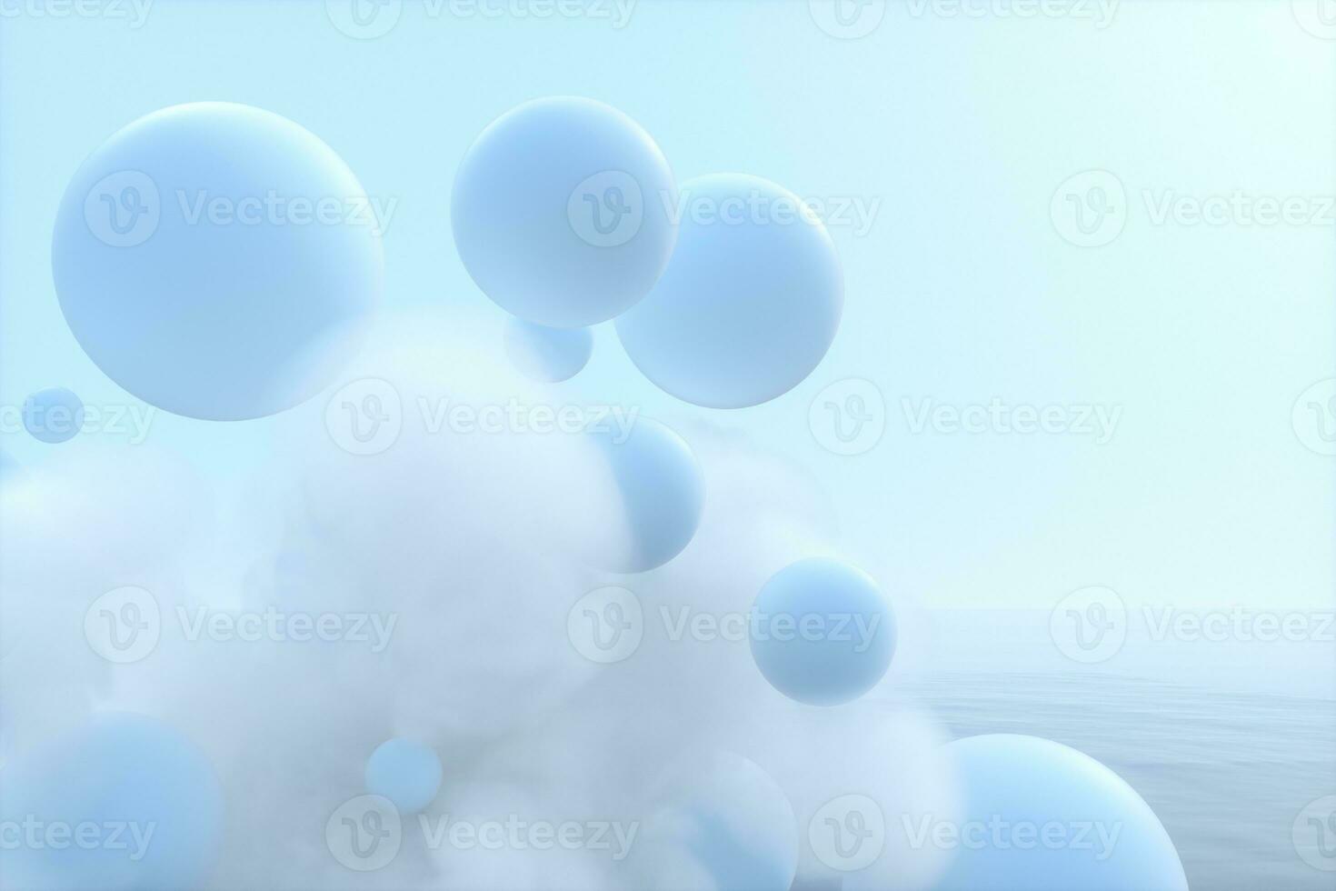 Balls and clouds floating on the lake,peaceful scene,3d rendering. photo